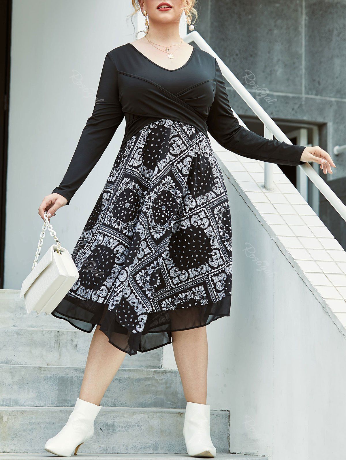 Rosegal Plus Size Paisley Front Cross A Line Dress