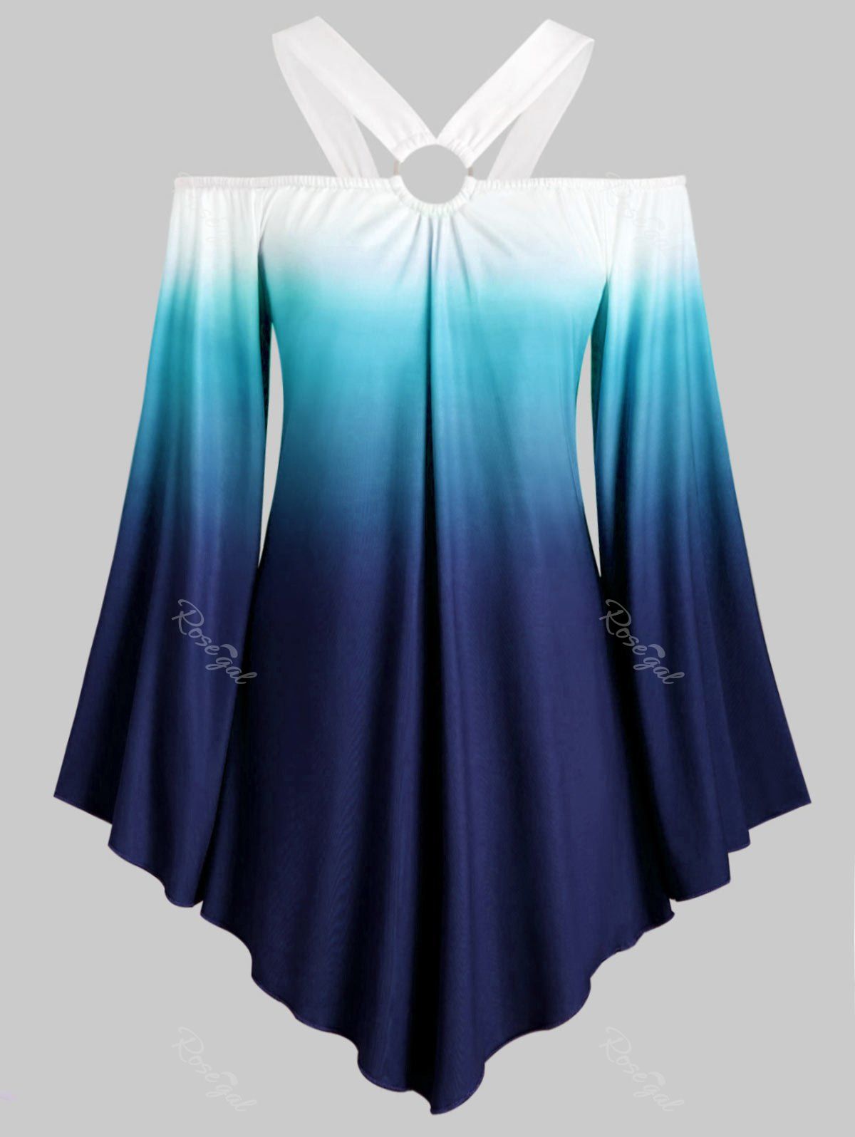 

O-ring Ombre Cold Shoulder Plus Size Top, Blue