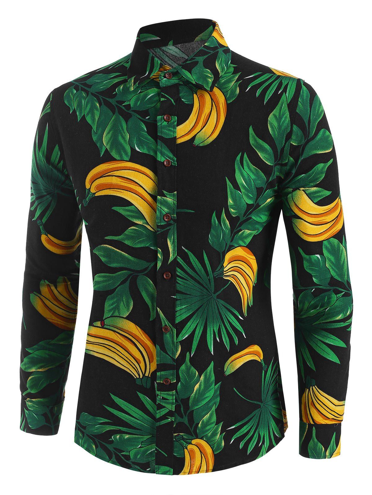 

Leaf Banana Print Button Up Leisure Shirt, Deep green