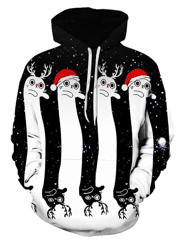 

Christmas Hat Elk Print Front Pocket Pullover Hoodie, Multi