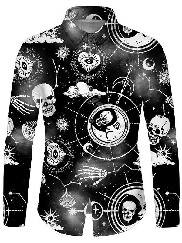 Chemise d'Halloween Boutonnée à Imprimé Crâne Lune Etoile et Soleil Multi S