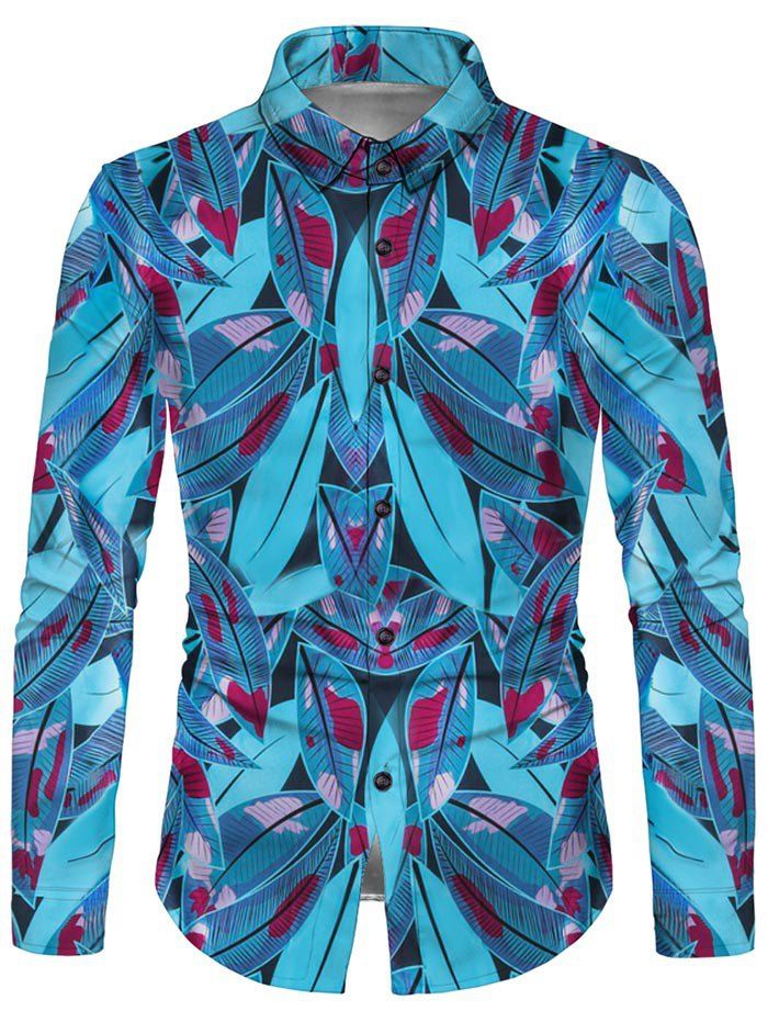 

Leaves Print Button Up Curved Hem Shirt, Multi