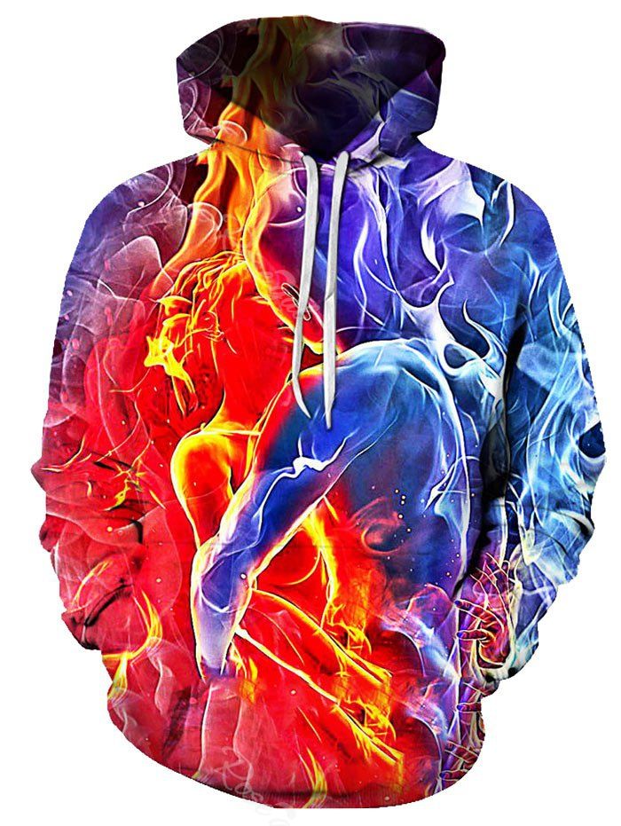 

Ice and Fire Couples Pattern Front Pocket Casual Hoodie, Multi