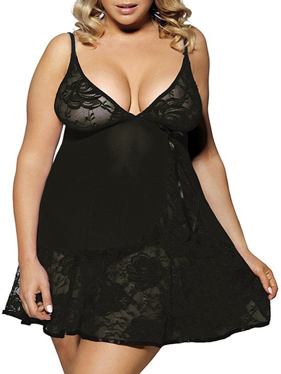 

Plus Size Bowknot Lace Panel Mesh Babydoll Set, Black