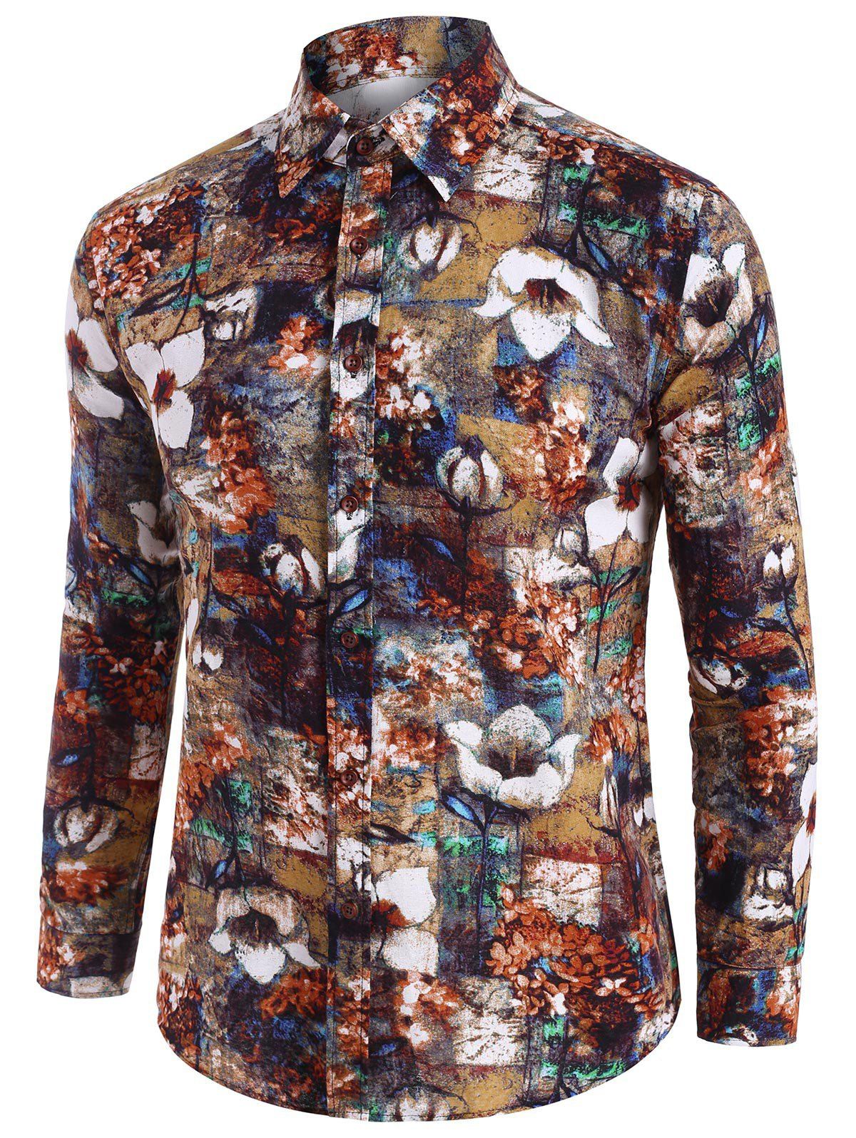 

Floral Art Print Vintage Long Sleeve Shirt, Multi