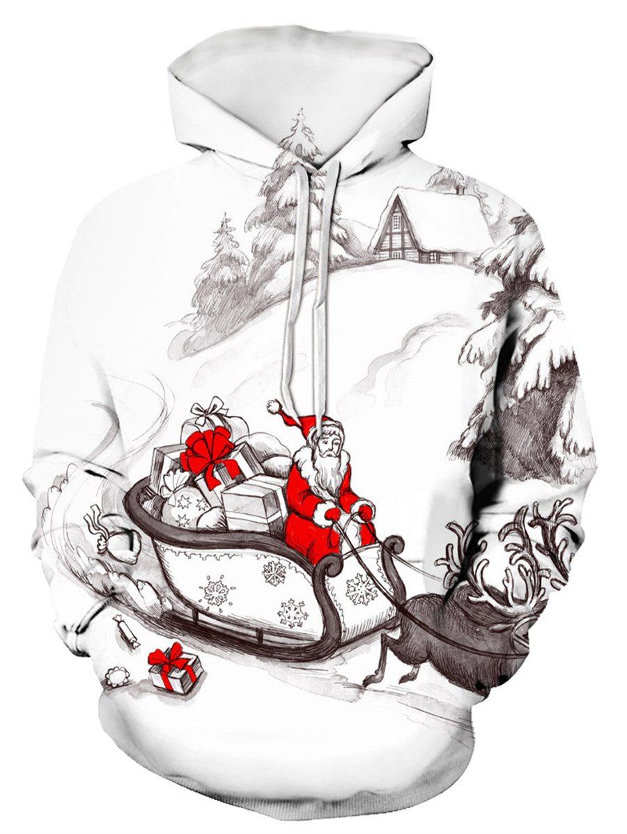 

Christmas Santa Claus Print Front Pocket Drawstring Hoodie, Multi