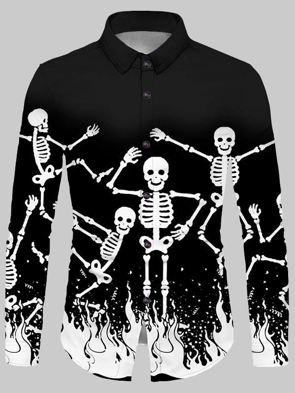 

Halloween Skeleton Fire Print Button Up Shirt, Multi