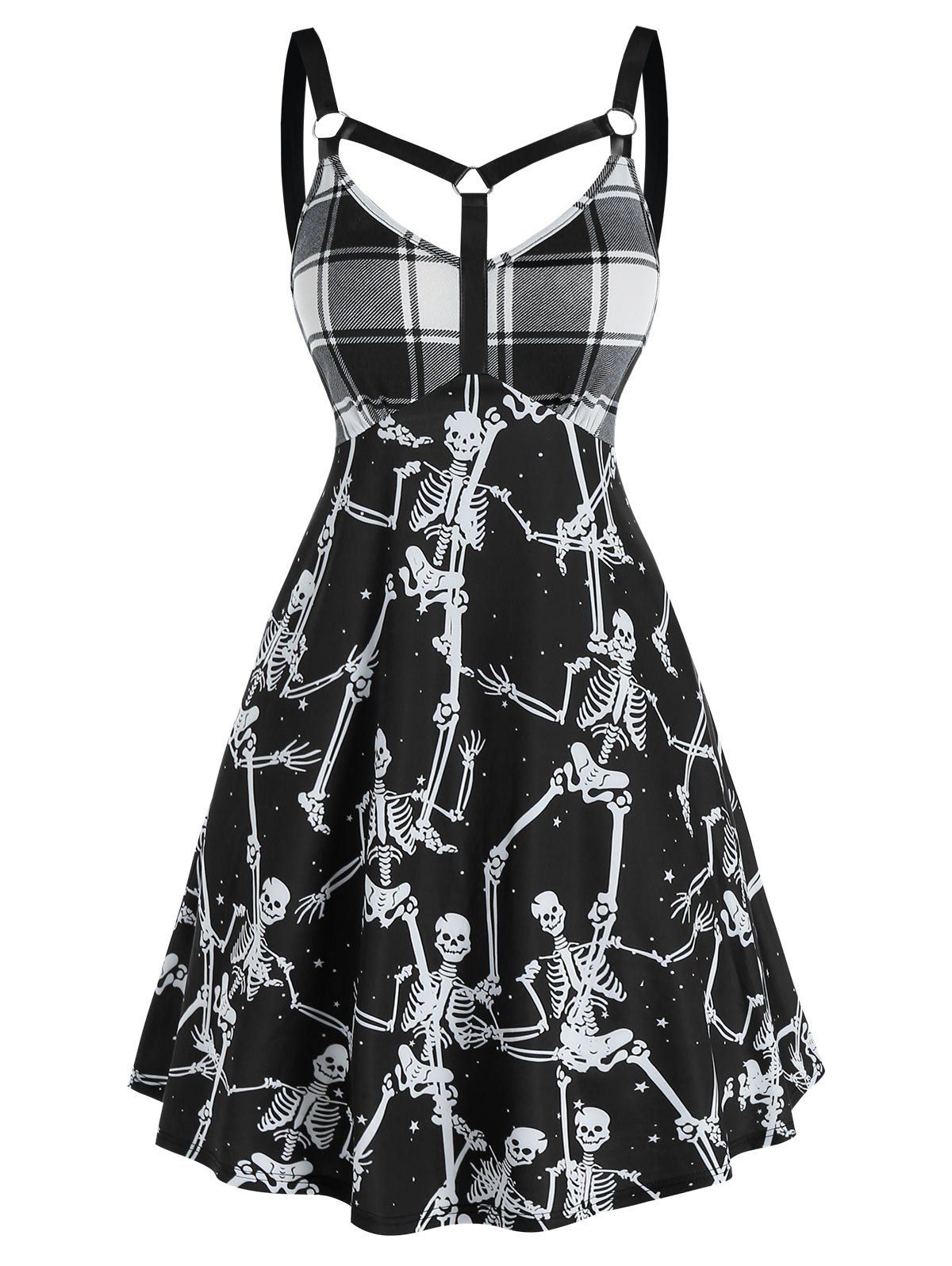 

Plaid Skeleton Printed Straps Flare Dress, Black