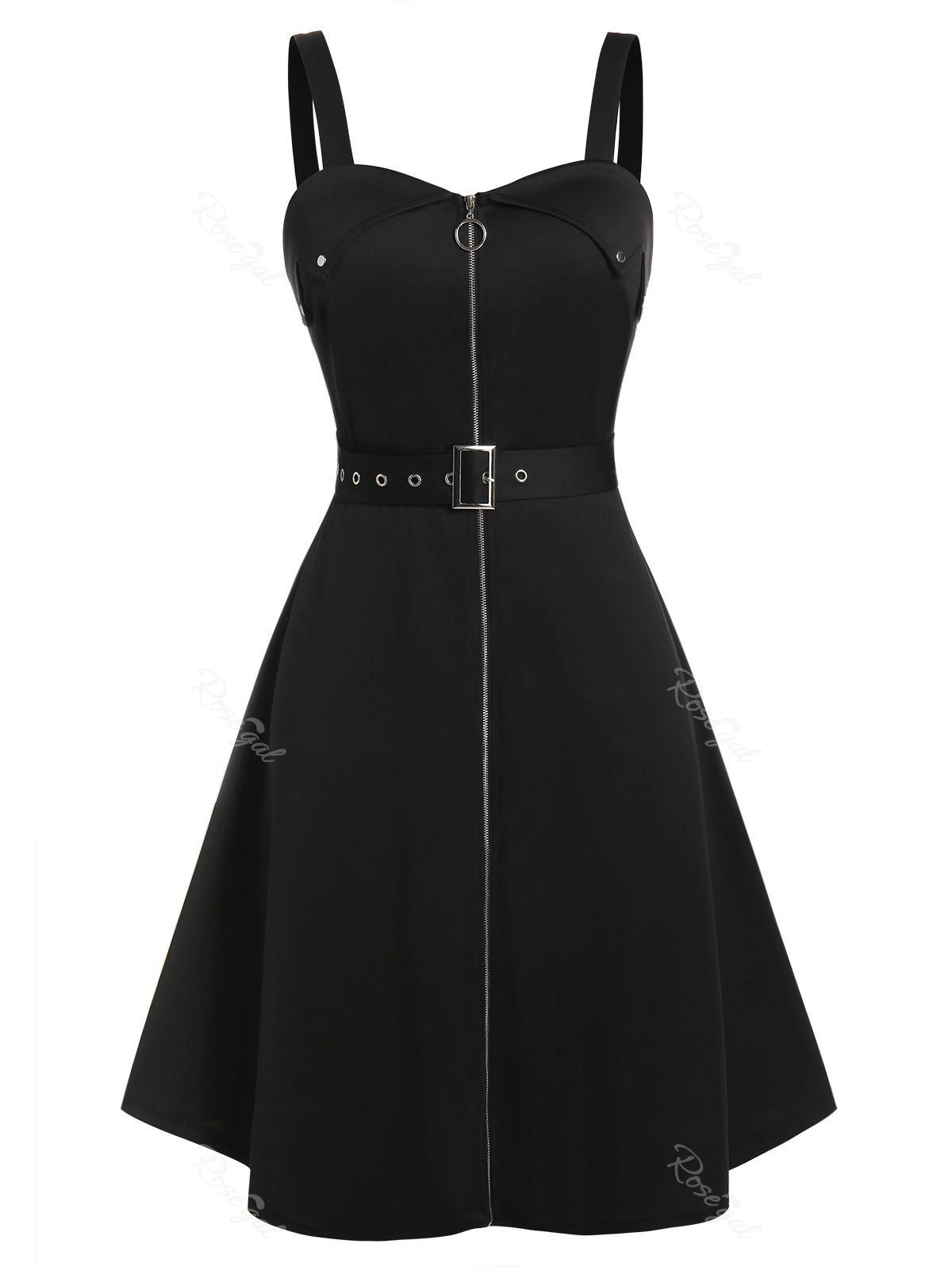 Hot Plus Size Pull Ring Zip Belted Backless Gothic Dress  