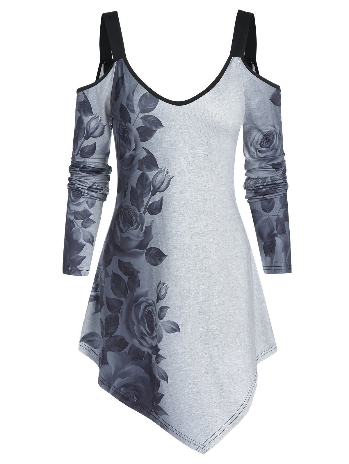 

Cold Shoulder Floral Print Asymmetrical T Shirt, Light gray