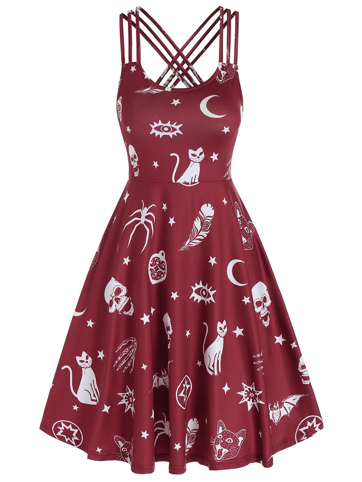 

Skull Animal Print Cami Mini Gothic Dress, Red wine