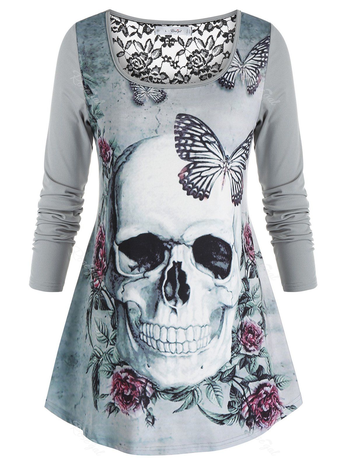 Buy Plus Size Halloween Skull Butterfly Flower Print Lace Insert T-shirt  