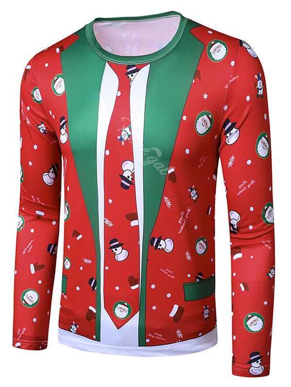 T-shirt Maigre Père Noël et Bonhomme de Neige Imprimés à Col Rond Rouge XXL