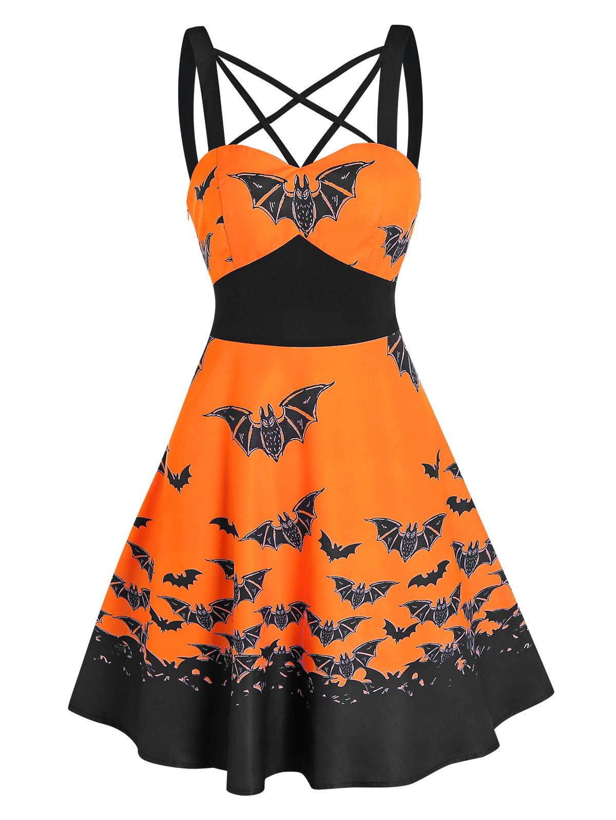 

Front Strappy Bat Print Mini A Line Dress, Halloween orange