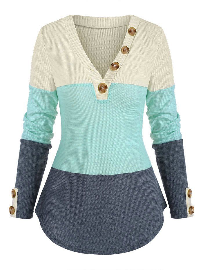 

Buttons Colorblock V Neck Knitwear, Light blue