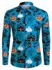 Chemise d'Halloween Boutonnée à Imprimé Citrouille Crâne et Château - Bleu 3XL