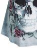 T-shirt D'Halloween Fleur Papillon Crâne Imprimés en Dentelle Insérée de Grande Taille - Gris Clair 1X