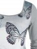 T-shirt D'Halloween Fleur Papillon Crâne Imprimés en Dentelle Insérée de Grande Taille - Gris Clair 1X
