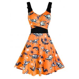 

Halloween Animal Skeleton Print Sleeveless Flare Dress, Halloween orange
