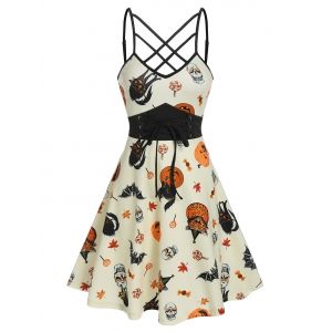 

Front Strappy Halloween Printed Mini Cami Dress, Light yellow