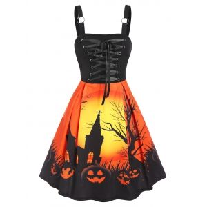 

Halloween Night Pumpkin Print Lace Up Mini High Waist Dress, Orange