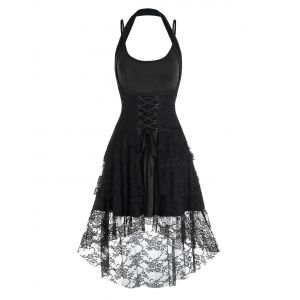 

Lace-up Flower Lace Halter High Low Skirt and Plain Dress, Black