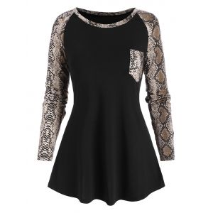 

Raglan Sleeve Snake Print Pocket T-shirt, Black