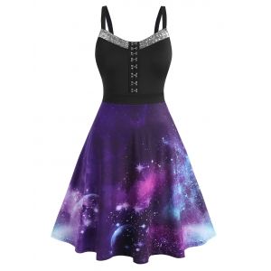 

Plus Size Galaxy Sequined Hook and Eye A Line Dress, Black