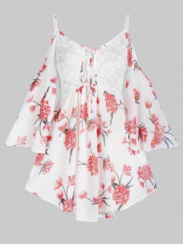 

Plus Size Cold Shoulder Lace Inset Floral Blouse and Tank Top Set, Valentine red
