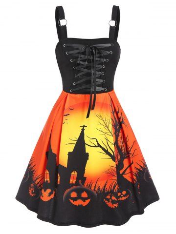 Halloween Night Pumpkin Print Lace Up Mini High Waist Dress - ORANGE - M