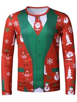 Christmas Santa Elk Faux Suit Print Slim Crew Neck T Shirt - MULTI - M