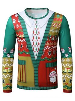 Christmas Colorblock Faux Suit Print Slim Crew Neck T Shirt - MULTI - L