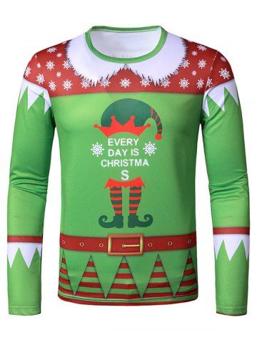 Christmas Elf Suit Print Slim Long Sleeve T Shirt - GREEN - M