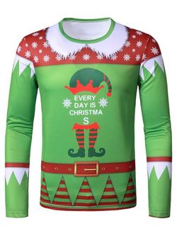 Christmas Elf Suit Print Slim Long Sleeve T Shirt - GREEN - XL