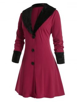 Plus Size Shawl Collar Faux Fur Single Breasted A Line Coat - RED WINE - 1X