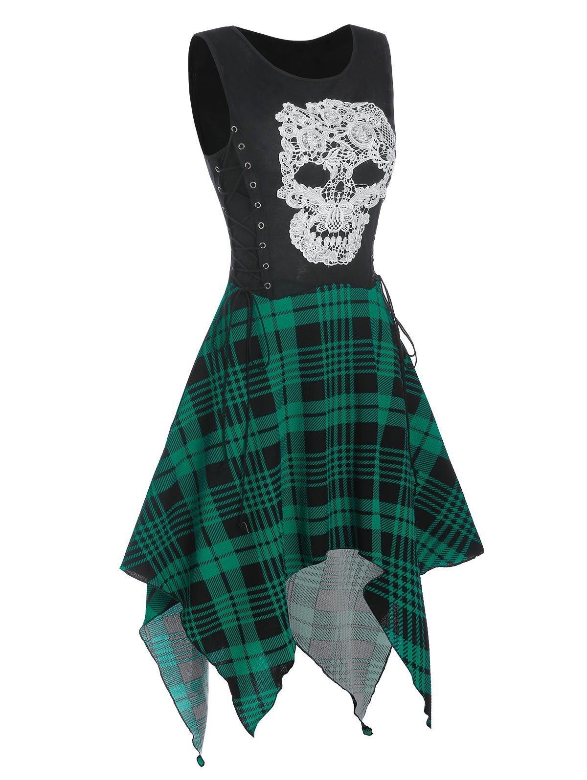 

Gothic Skull Embroidery Side Lace-up Dress, Green