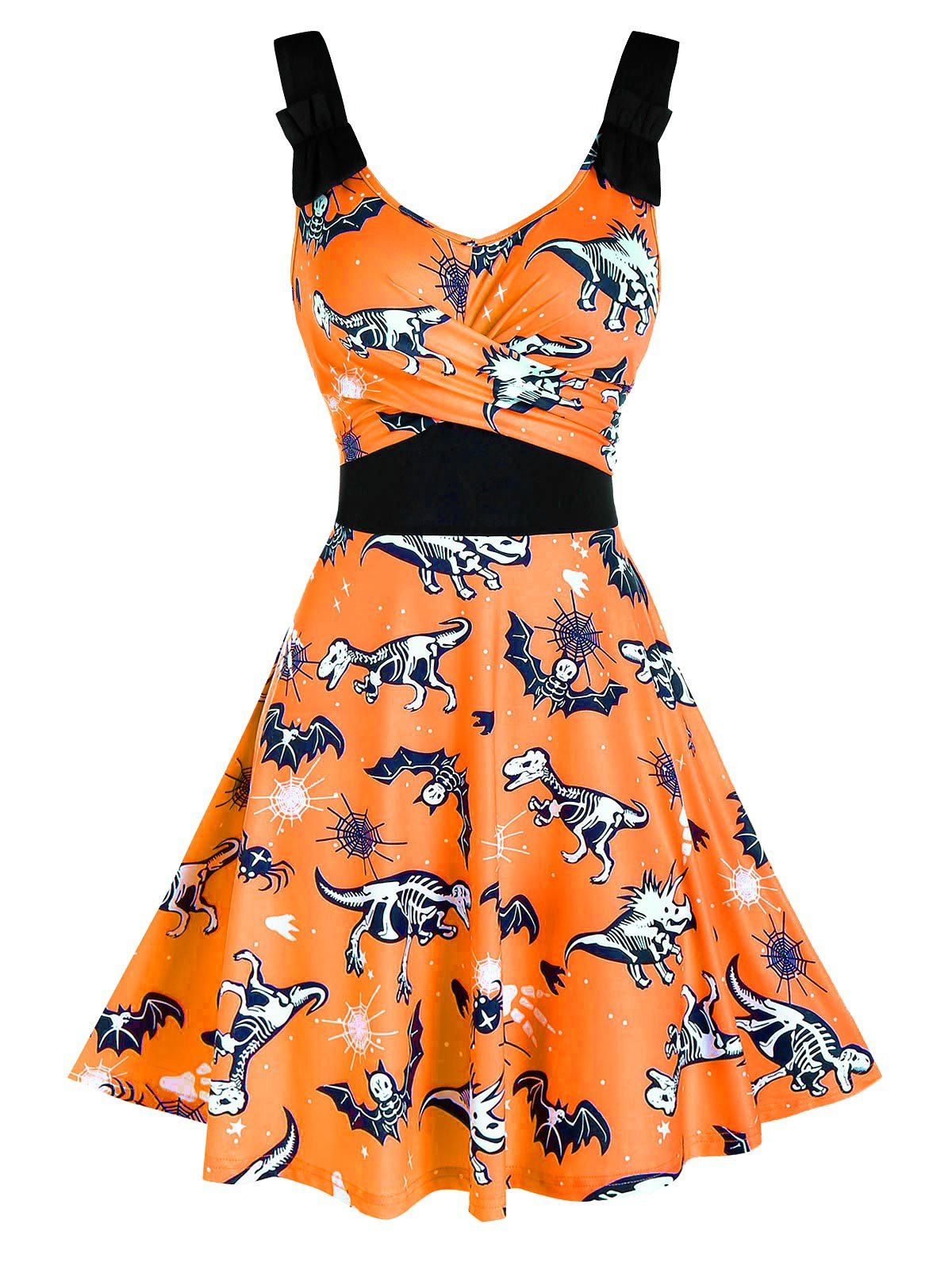 

Halloween Animal Skeleton Print Sleeveless Flare Dress, Halloween orange