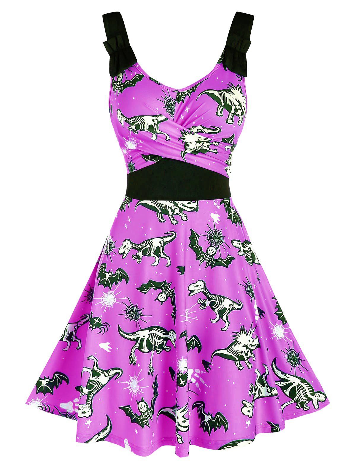 

Halloween Animal Skeleton Print Sleeveless Flare Dress, Purple