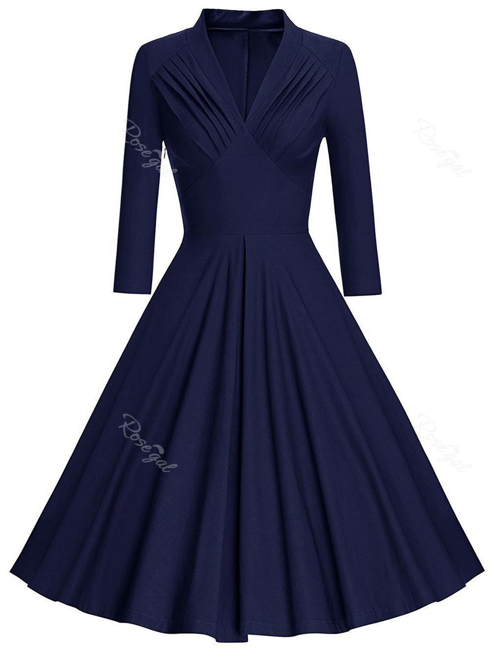 

Plus Size Pleated Empire Waist Long Sleeve Dress, Deep blue