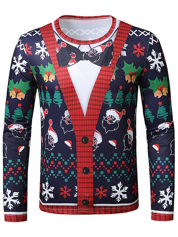 

Christmas Santa Snowflake Faux Suit Print Slim Casual T Shirt, Multi