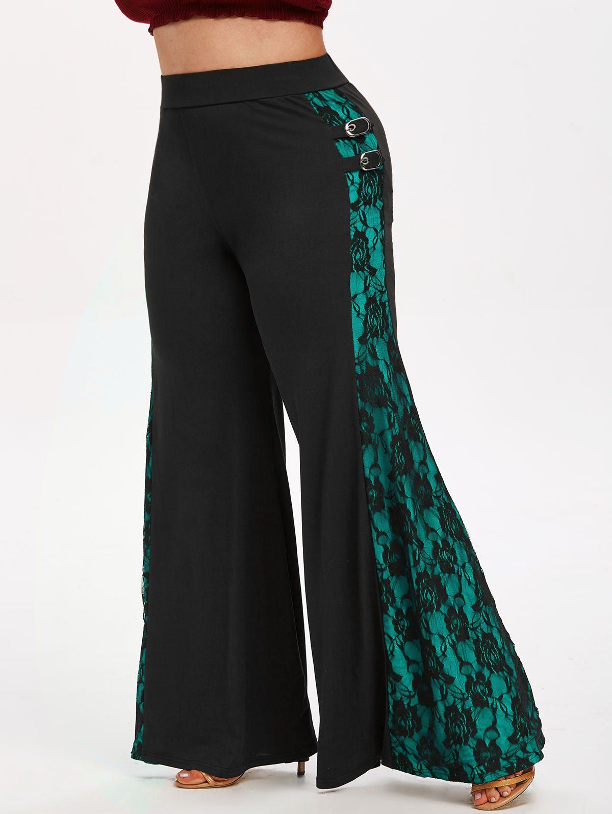 

Plus Size Buckle Lace Insert Flare Pants, Medium turquoise