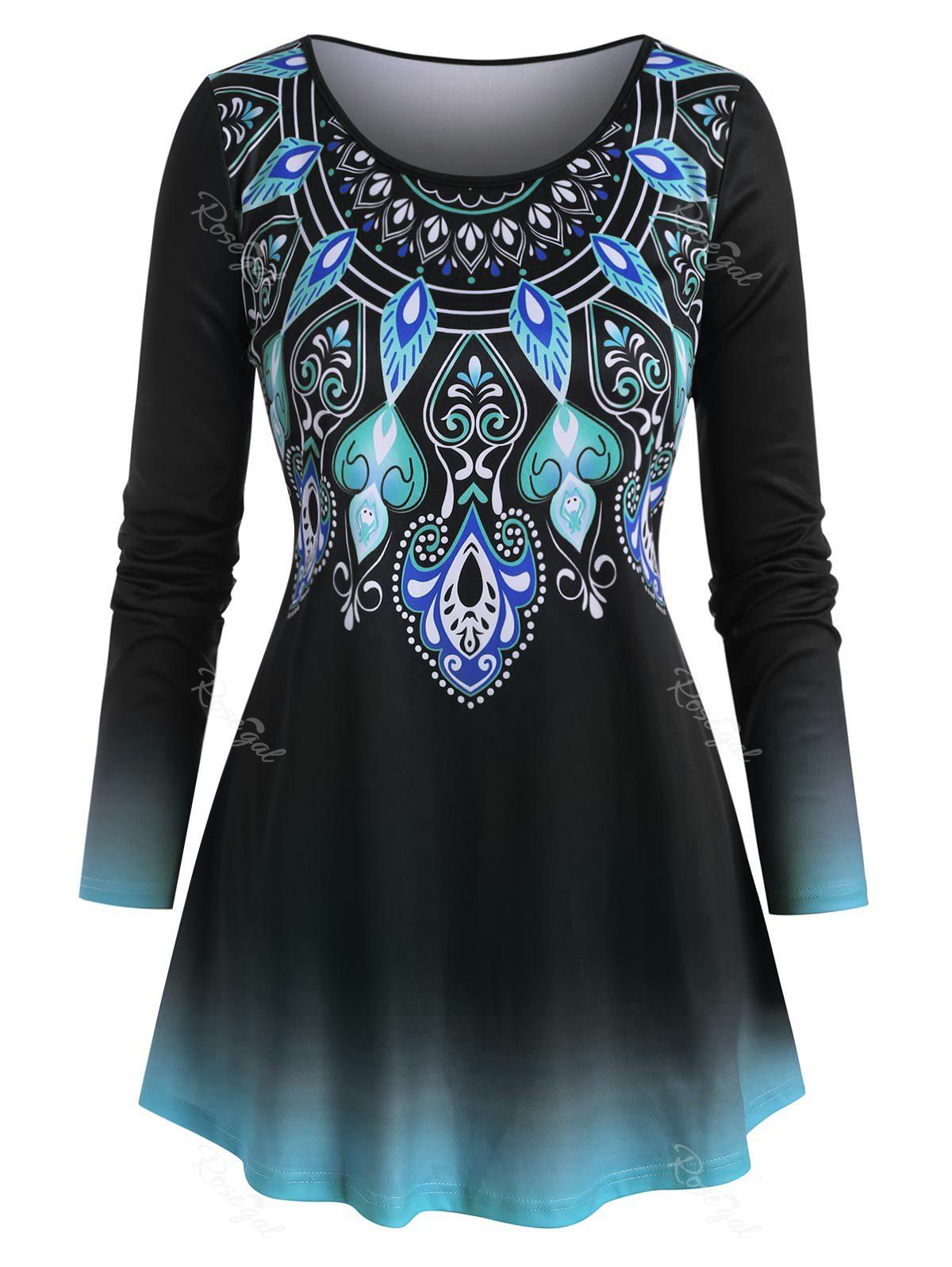 

Plus Size Tribal Print Ombre Color T Shirt, Black