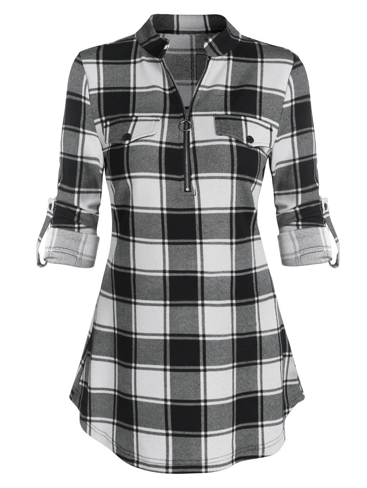 

Plaid Print Half Zip Cuffed Sleeve Blouse, Black