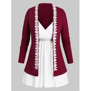 

Plus Size Sequins Surplice Top and Longline Cardigan Set, Deep red