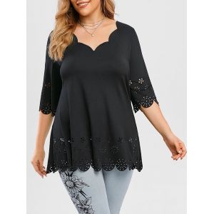 

Plus Size Scalloped Trim Laser Cut Tunic Top, Black