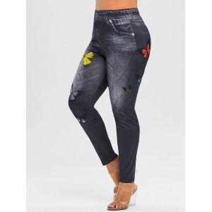 

Plus Size 3D Butterfly Print High Waisted Jeggings, Black