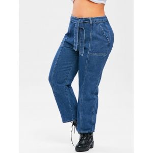 

Plus Size Topstitching Belted Wide Leg Jeans, Deep blue