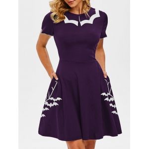 

Flat Collar Halloween Bat Print Side Pocket Dress, Concord
