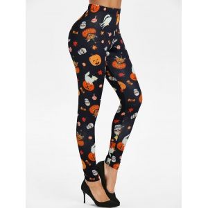 

Halloween Cat Bat Skull Print High Waisted Leggings, Black