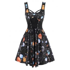 

Lace-up Galaxy Planet Print A Line Dress, Black